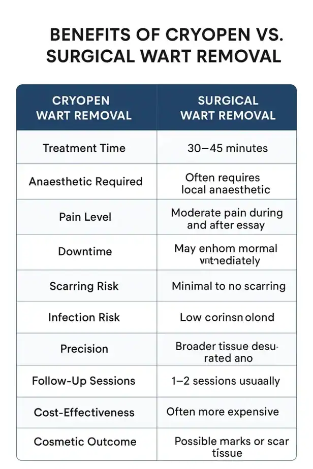 Table showing the benefits of cryopen to remove warts Greenford compared to surgical treatment